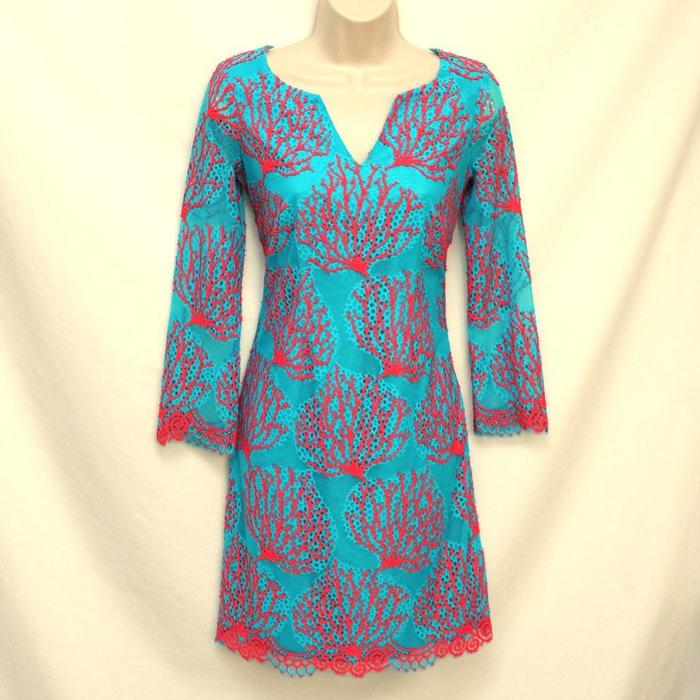 Lily Pulitzer Turquoise & Coral Lace Over Print Dress Size 0 But Taken In